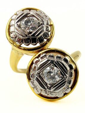 Captivating Signed Edwardian Two Tone 14K Gold Toi Et Moi Diamond Ring Ss 5.5